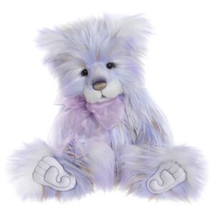 Charlie Bear, Year Bear 2024 Hug Number 16 This Year Bear is limited to only 2000 pieces and is sure to sell out quickly. She has a beautiful, curious face and looks like she's quietly listening to everything going on. Her long fur is a mix of white and purple with touches of browny/gold. 5 jointed bear. Lovingly hand made by the talented team at Charlie Bears. Size - 43cm long/30cm when sitting.